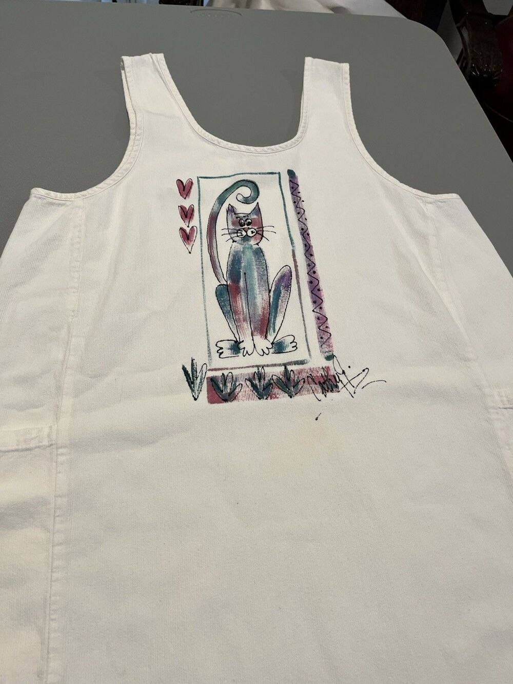 WEK Woman Cat Art Sundress Large White Sleeveless Pockets Cotton USA Midi